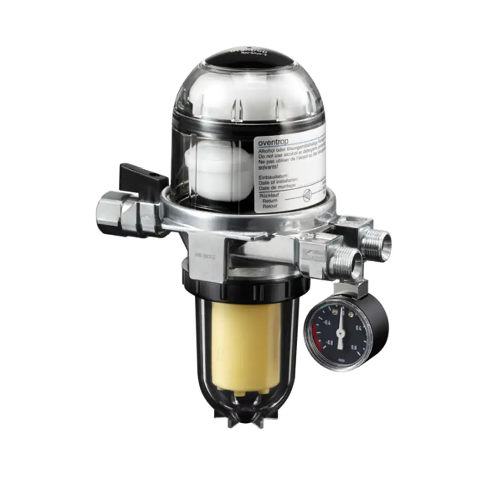 Oventrop Heizölfilter und Heizölentlüfter mit Unterdruckmanometer, transparentem Filtereinsatz aus Sinterkunststoff und zwei Anschlüssen für Heizölleitungen.